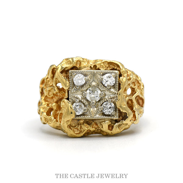 14k yellow gold men's 5 diamond nugget style ring with square top — top view