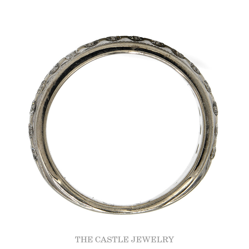 Front-facing view of the 3/4cttw nick set lab grown diamond band in 10k white gold
