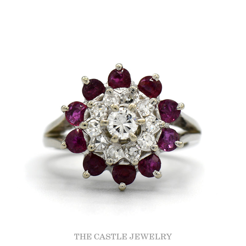 14k white gold round diamond flower cluster ring with ruby halo — top view