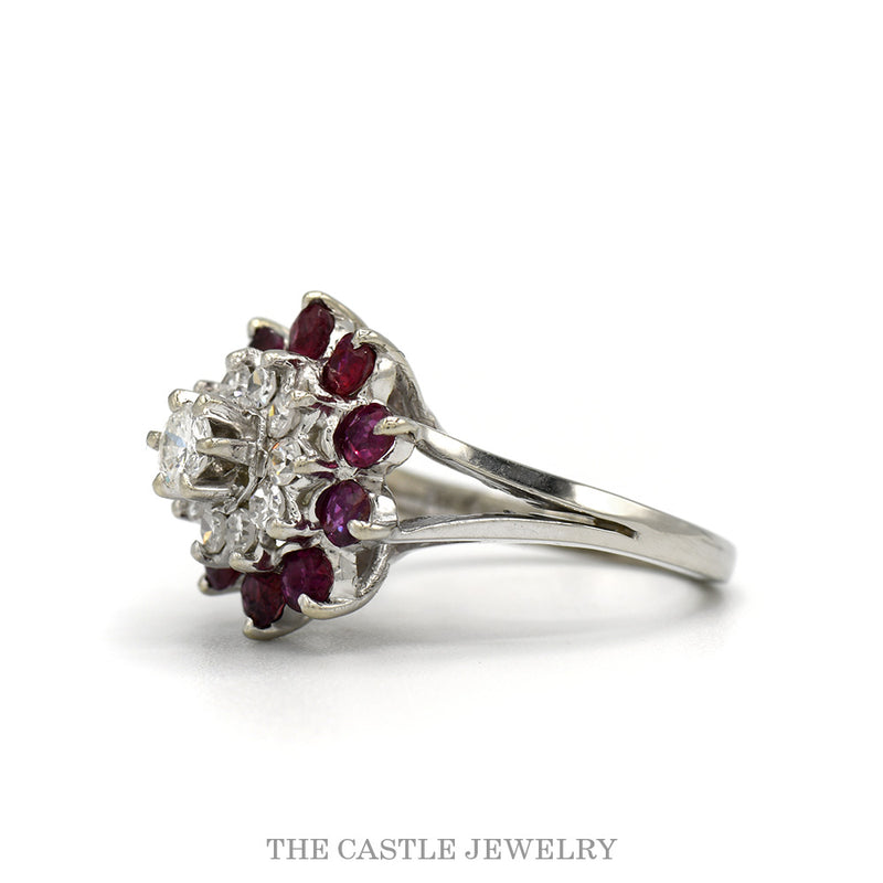 Side profile of the 14k white gold diamond and ruby flower cluster ring