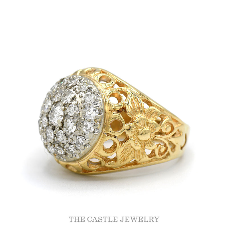 Side profile of the Kentucky cluster ring showing the pierced floral filigree shoulder and domed head