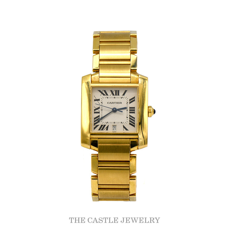 Cartier Tank Française 1840 automatic watch with Roman dial in 18k yellow gold — angled view with the bracelet open