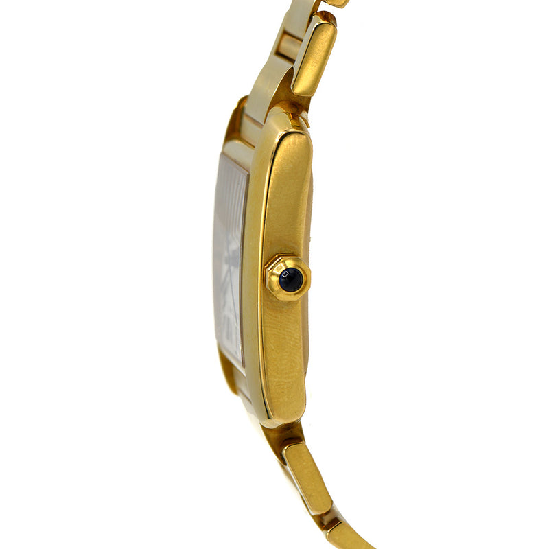 Side view of the 18k yellow gold case and blue cabochon crown