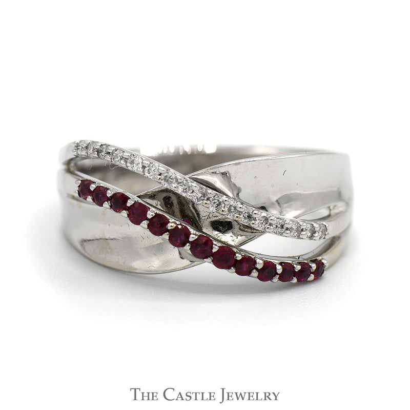 Ruby & Diamond Curved Crossover Designed Ring in 14k White Gold