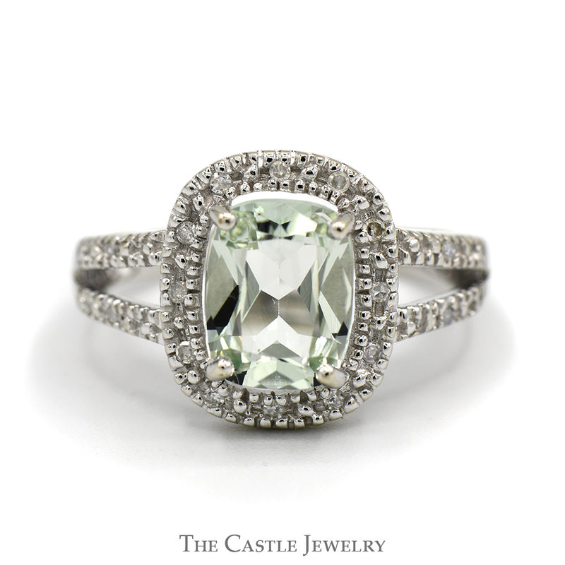 Cushion Cut Green Quartz Ring with Diamond Halo and Accents in 10k White Gold