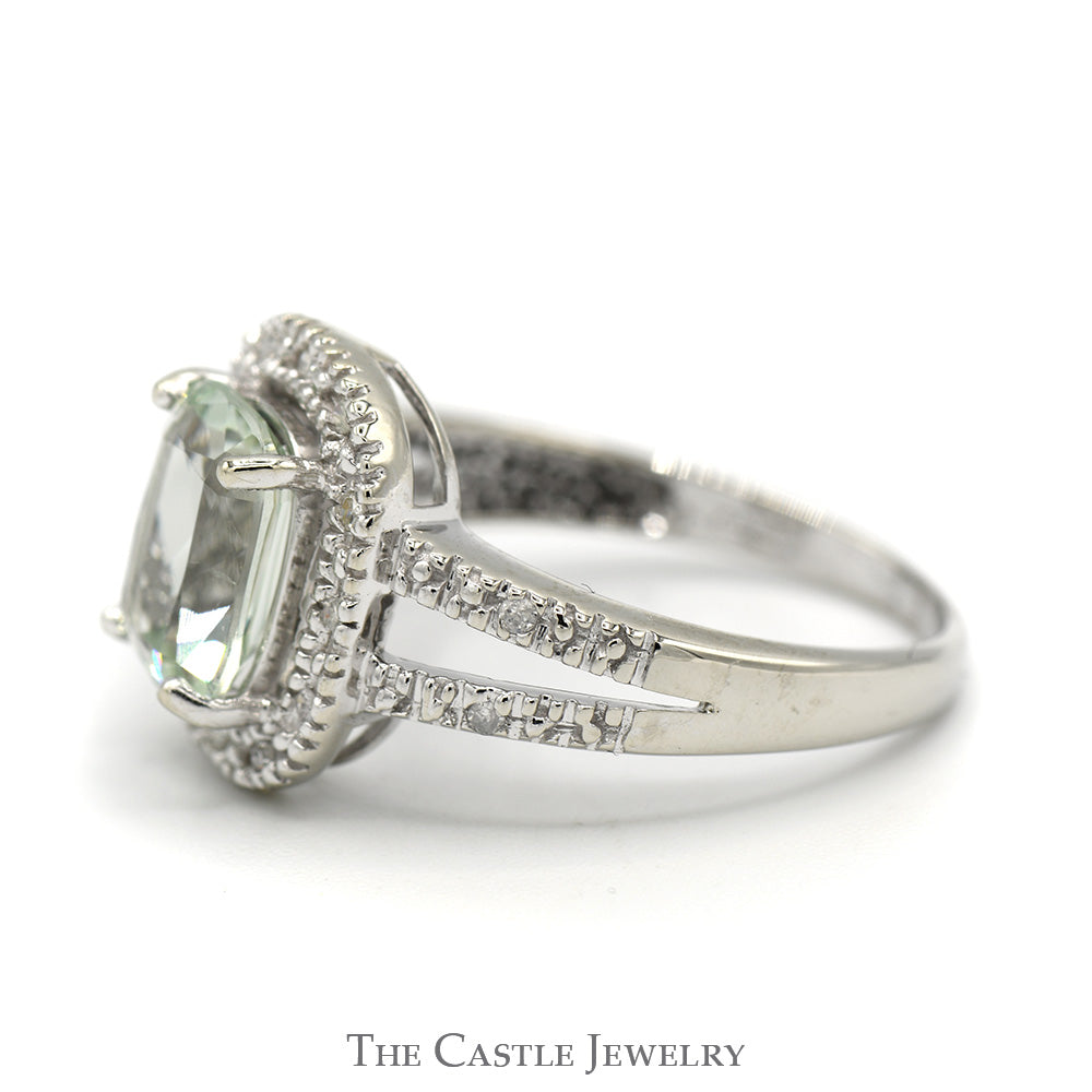 Cushion Cut Green Quartz Ring with Diamond Halo and Accents in 10k White Gold