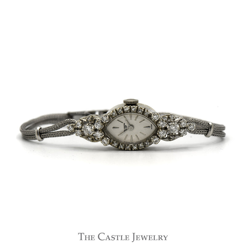 Elzburg Designer Marquise Shaped Watch with Diamond Accents in 14k White Gold