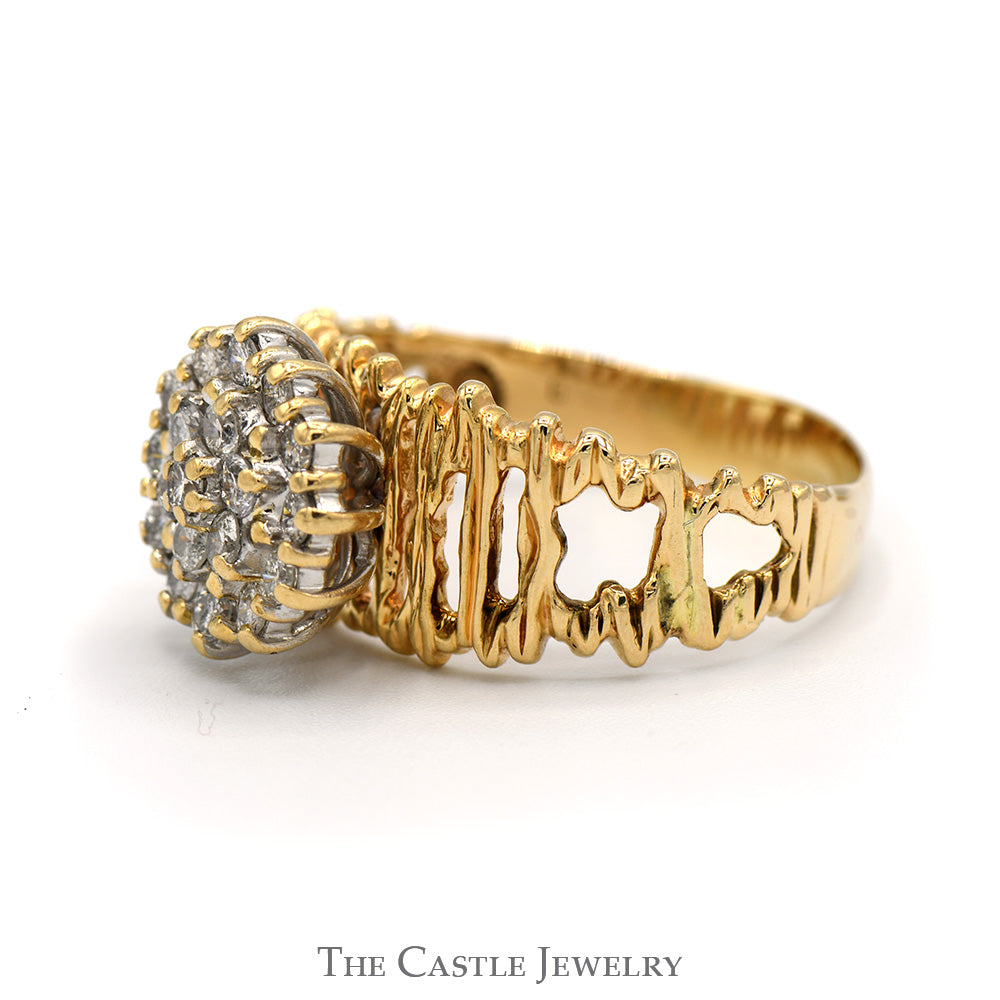 3/4cttw Diamond Cluster Ring with Open Bark Designed Sides in 14k Yellow Gold