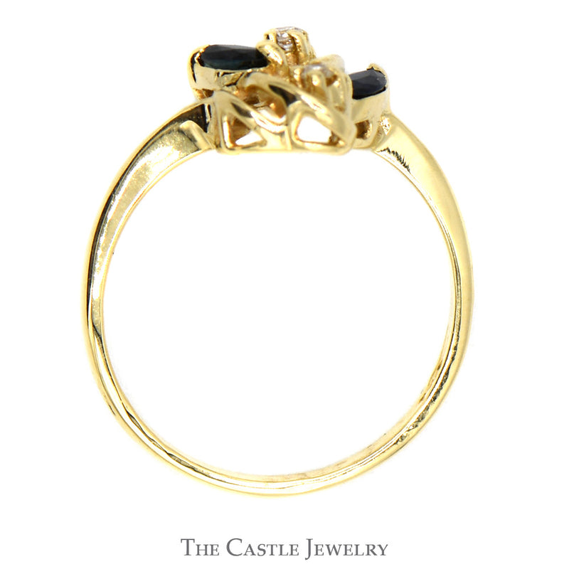 Triple Marquise Sapphire and Round Diamond Cluster Ring in 14k Yellow Gold