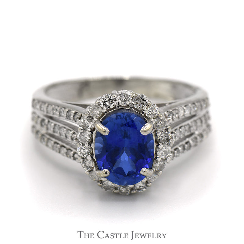 Oval Cut Created Sapphire Ring with Diamond Halo and Accents in 14k White Gold
