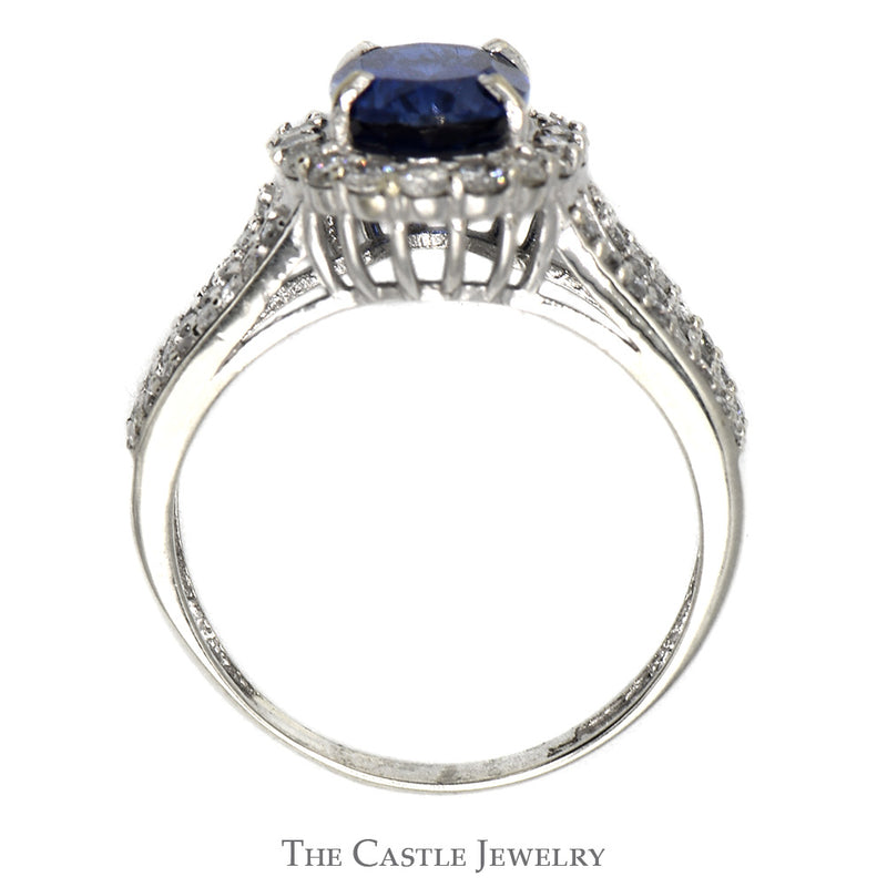 Oval Cut Created Sapphire Ring with Diamond Halo and Accents in 14k White Gold