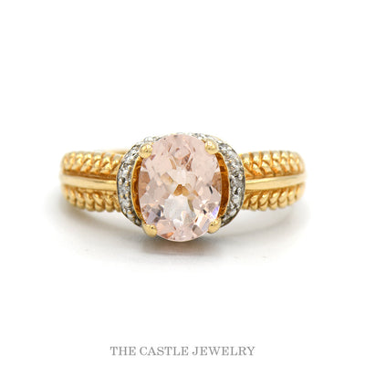 14K Yellow Gold Oval Morganite Ring Diamond Accents Vintage Design
