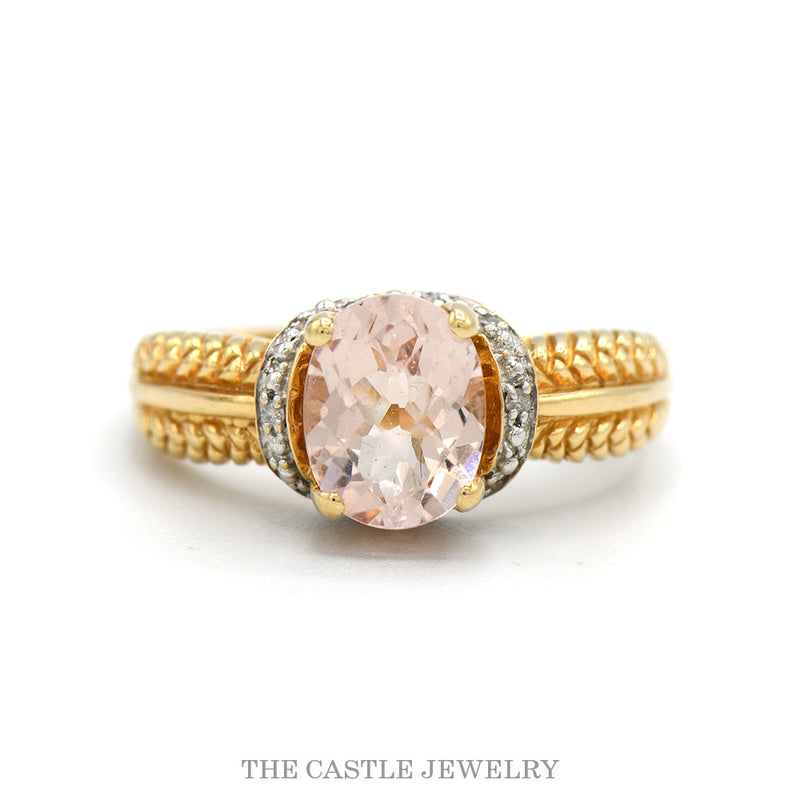 14K Yellow Gold Oval Morganite Ring Diamond Accents Vintage Design