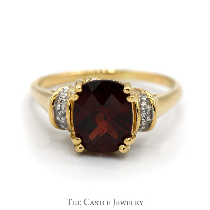 Cushion Cut Garnet Ring with Diamond Accents in 14k Yellow Gold