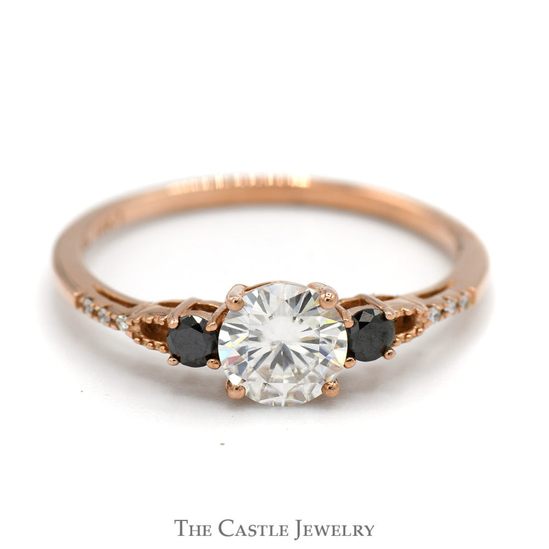 Moissanite Solitaire Ring with Black and White Diamond Accents in 10k Rose Gold