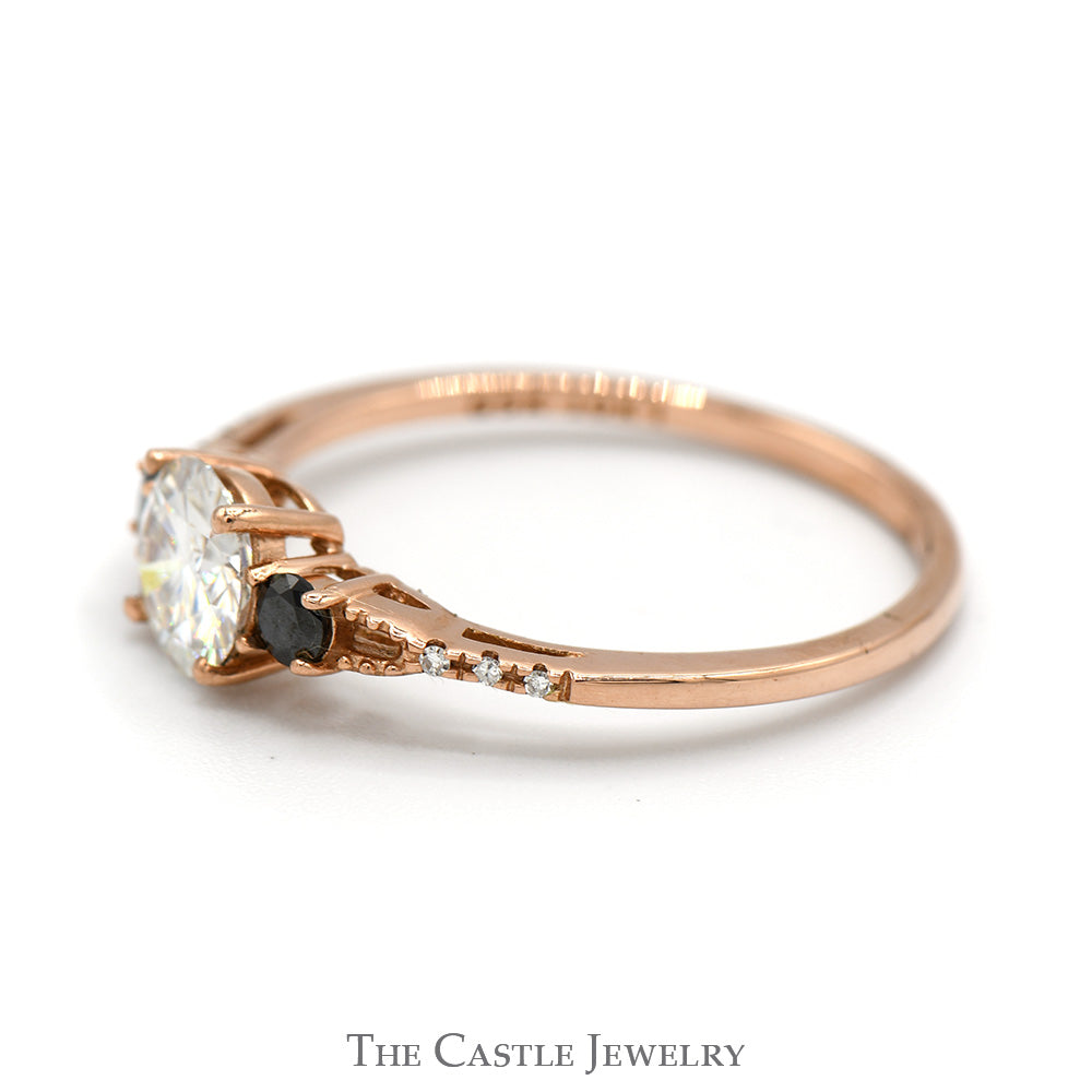 Moissanite Solitaire Ring with Black and White Diamond Accents in 10k Rose Gold