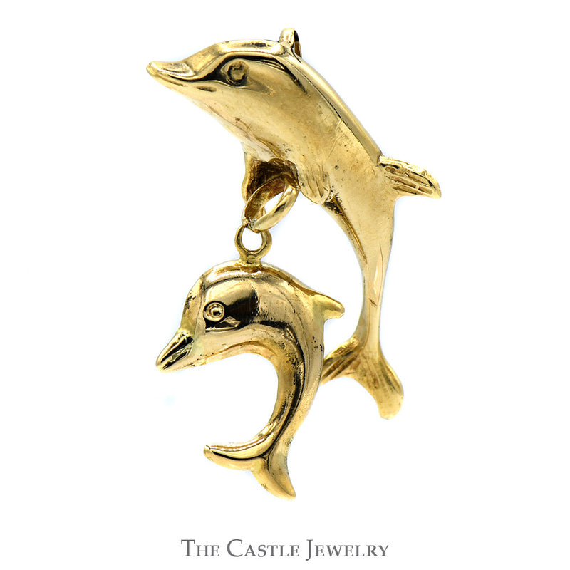 Double Dangling Dolphin Pendant in 14k Yellow Gold