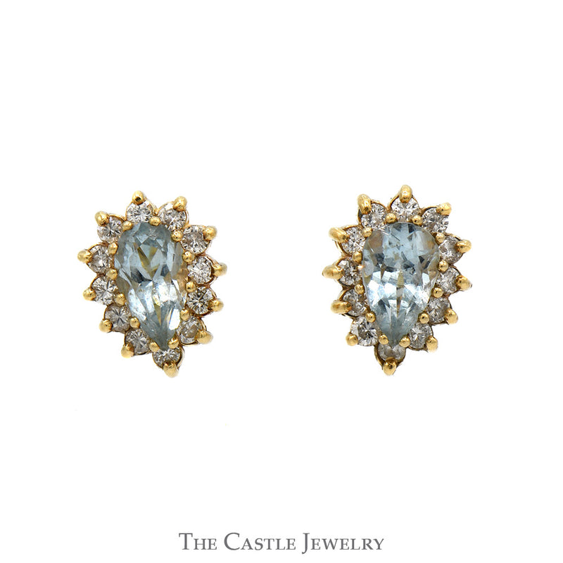 Pear Cut Aquamarine Earrings with Diamond Halos in 10k Yellow Gold