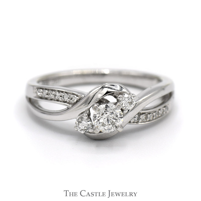 Three Stone Diamond Ring with Diamond Accented Open Bypass Sides in 14k White Gold