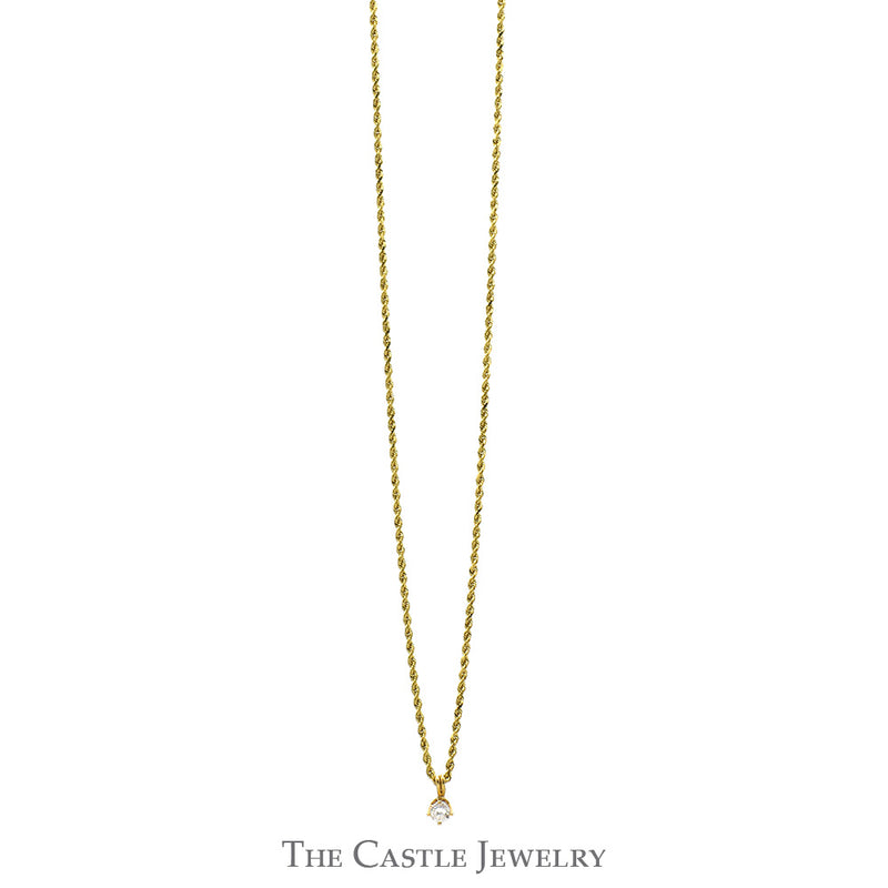 Round Diamond Solitaire Pendant on 20 Inch Rope Chain in 14k Yellow Gold