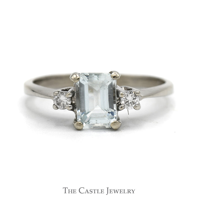 Emerald Cut Aquamarine And Diamond Ring .10 CTTW In 14KT White Gold