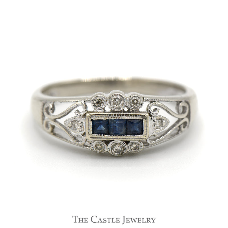 Princess Cut Sapphire Ring in Open Antique Style Band with Diamond Accents in 14k White Gold