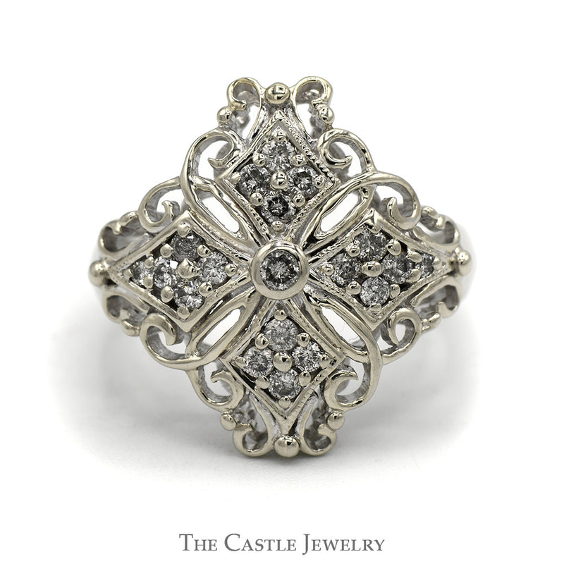 Filigree Style .40cttw Diamond Cluster Shield Ring in 14k White Gold