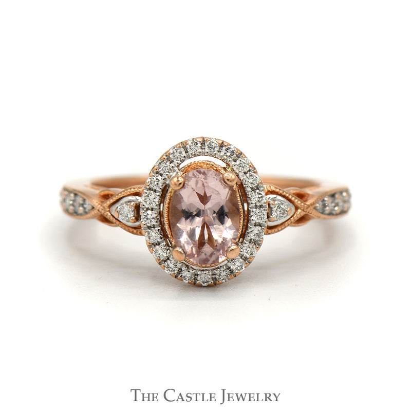 Oval Morganite Ring with Diamond Halo and Accented Sides in 10k Rose Gold