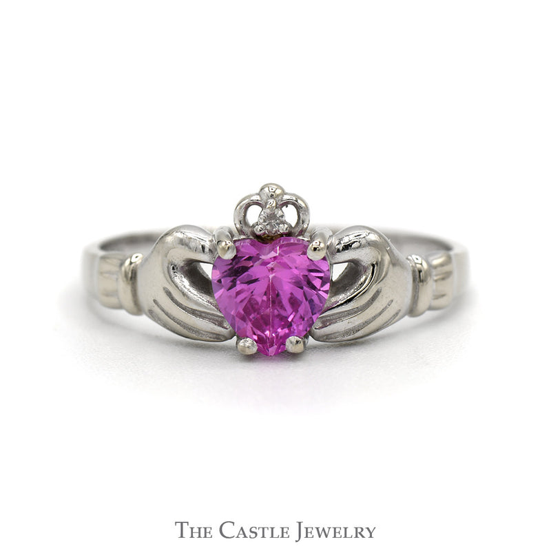 Heart Shaped Synthetic Pink Sapphire Claddagh Ring with Illusion Set Diamond Accent in 14k White Gold