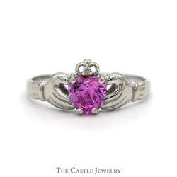 Heart Shaped Synthetic Pink Sapphire Claddagh Ring with Illusion Set Diamond Accent in 14k White Gold