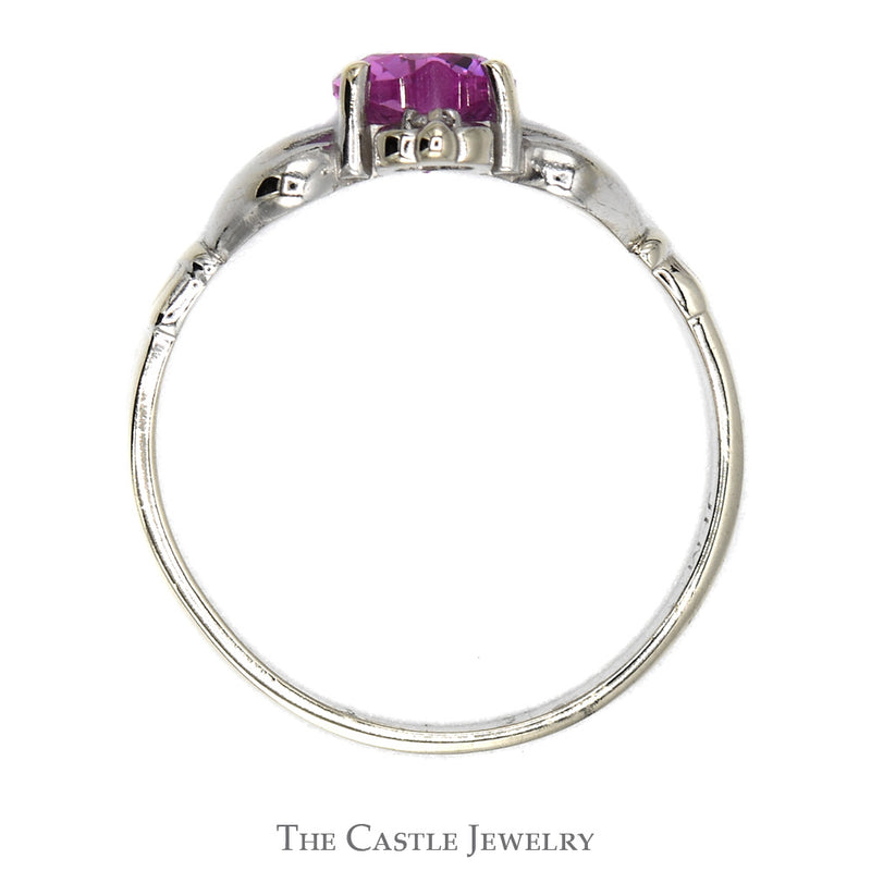 Heart Shaped Synthetic Pink Sapphire Claddagh Ring with Illusion Set Diamond Accent in 14k White Gold