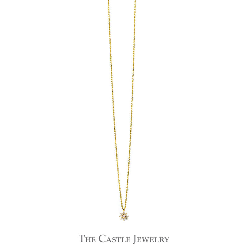 Diamond Flower Cluster Pendant on 18 Inch Rope Chain in 14k Yellow Gold