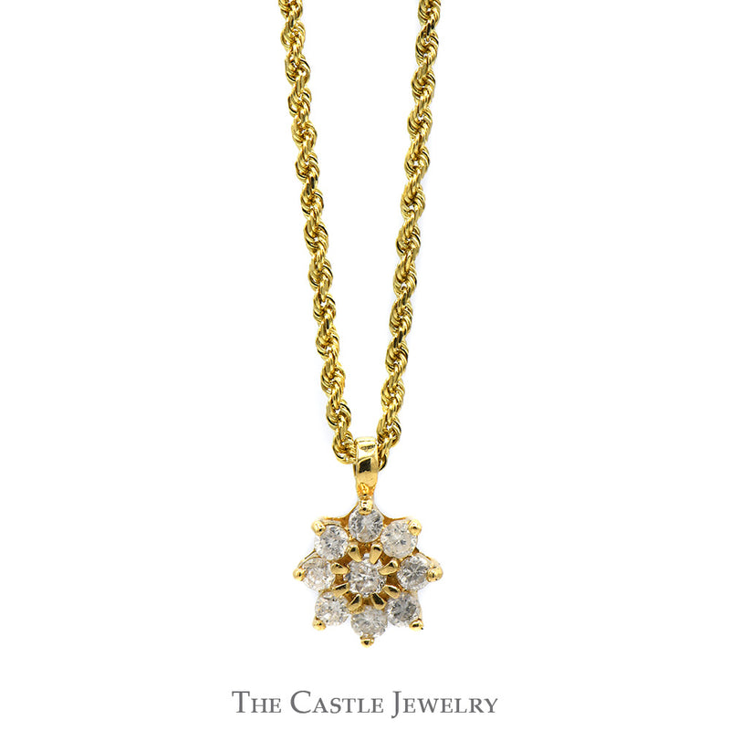 Diamond Flower Cluster Pendant on 18 Inch Rope Chain in 14k Yellow Gold