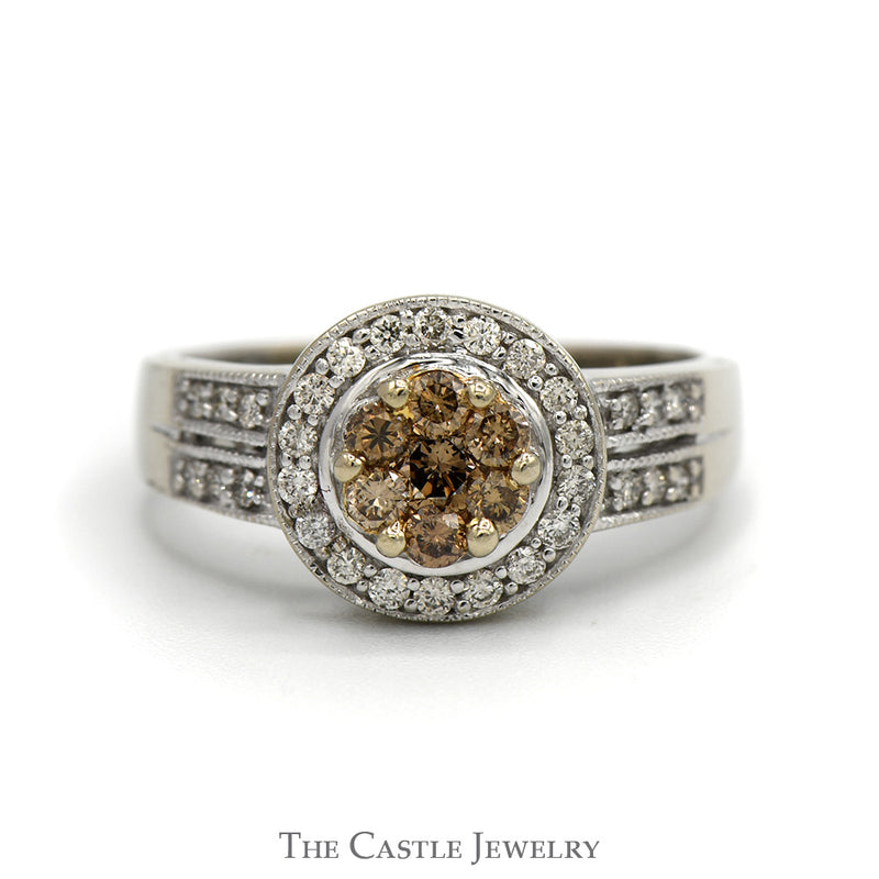 Round Cocoa Diamond Cluster Ring with Diamond Halo and Accented Sides in 14k White Gold