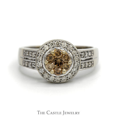 Round Cocoa Diamond Cluster Ring with Diamond Halo and Accented Sides in 14k White Gold