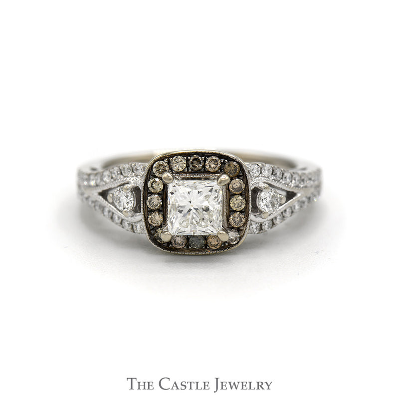 Le Vian Designer 1cttw Princess Cut Diamond Engagement Ring with Chocolate Diamond Halo and Accented Split Shank Sides in 14k White Gold