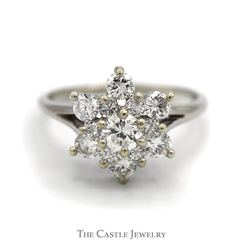 1cttw 13 Round Diamond Snowflake Cluster Ring in 18k White Gold