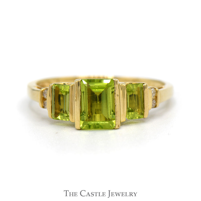 Three Stone Emerald Cut Peridot Ring with Diamond Accents in 10k Yellow Gold