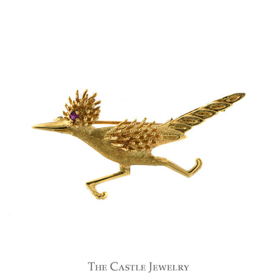Road Runner Bird Pin with Ruby Accented Eye in 14k Yellow Gold