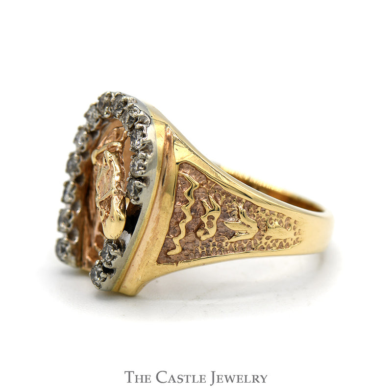 Diamond Horseshoe Ring Featuring Horse Head & Fence Design in 10k Yellow Gold