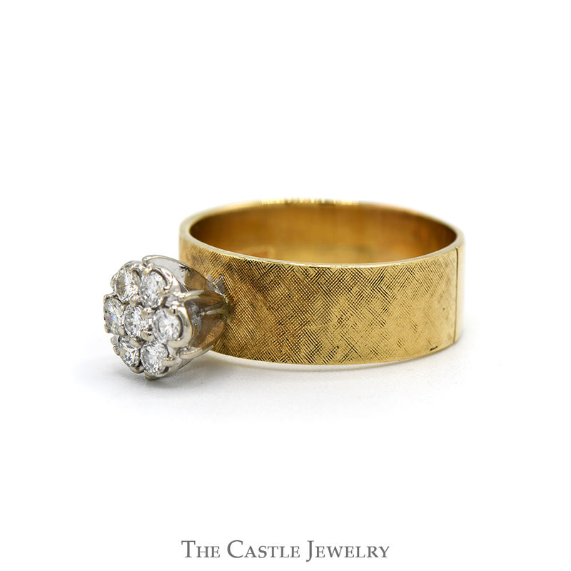 7 Round Diamond Cluster Ring with Wide Brush Textured Band in 14k Yellow Gold