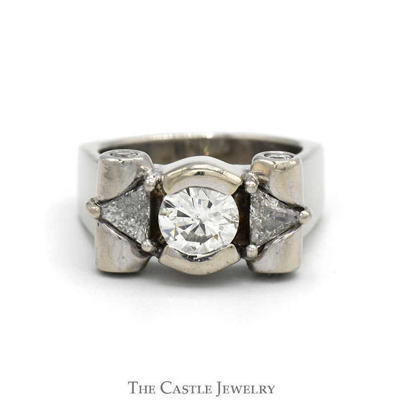 1.75cttw Bezel Set Diamond Ring with Trillion Cut Diamond Accents in 14k White Gold