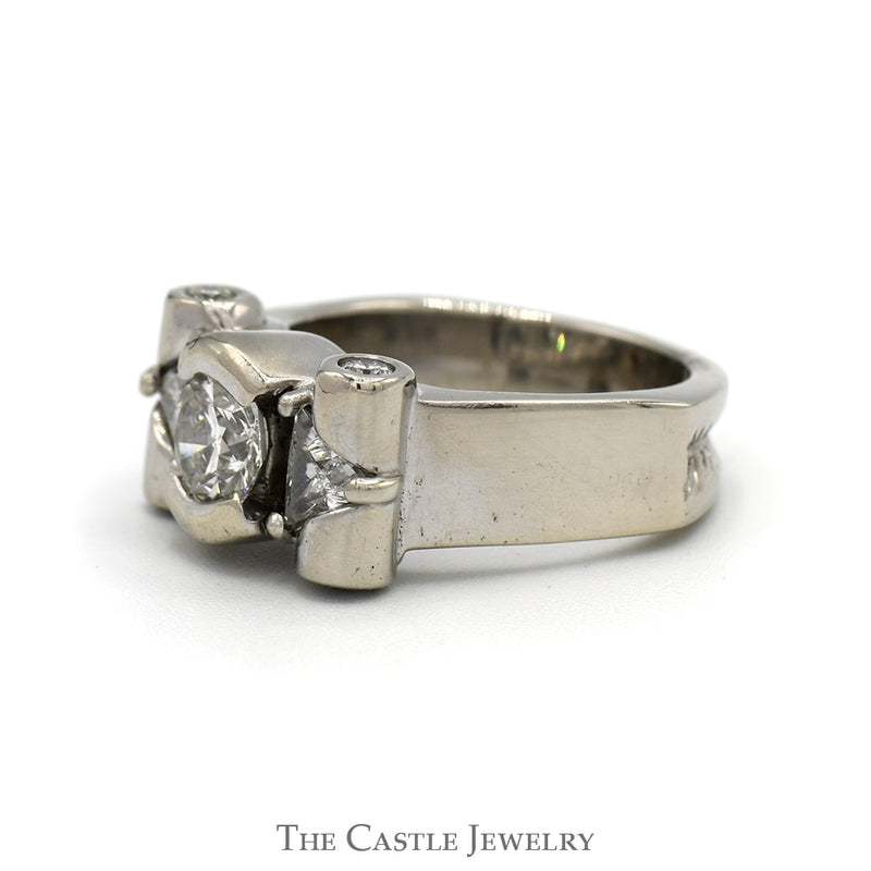 1.75cttw Bezel Set Diamond Ring with Trillion Cut Diamond Accents in 14k White Gold