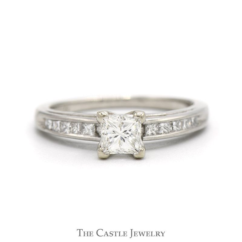 Princess Cut Diamond Solitaire Engagement Ring with Channel Set Accented Sides in Platinum