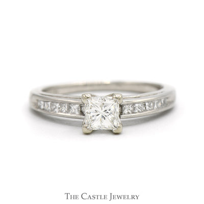 Princess Cut Diamond Solitaire Engagement Ring with Channel Set Accented Sides in Platinum