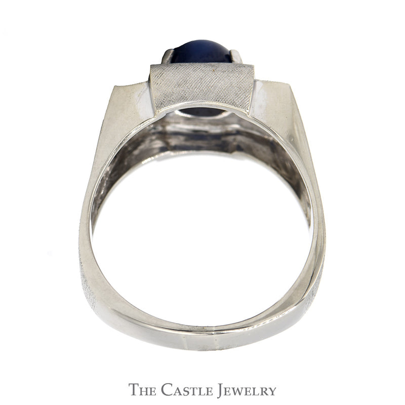 Men's Blue Lindy Star Ring with Diamond Accents and Brushed Textured Sides in 14k White Gold