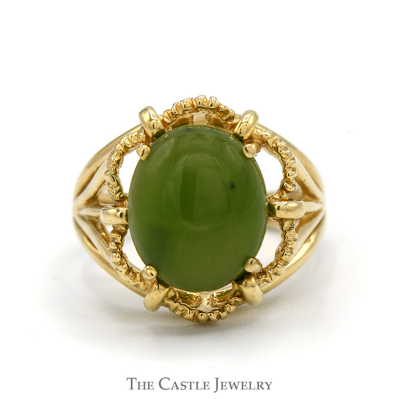 Oval Green Jade Ring with Open Scalloped Mounting in 10k Yellow Gold
