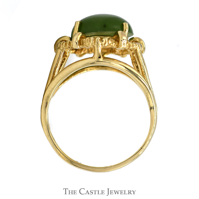 Oval Green Jade Ring with Open Scalloped Mounting in 10k Yellow Gold