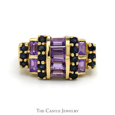 Baguette Cut Amethyst & Round Sapphire Cluster Ring in 14k Yellow Gold