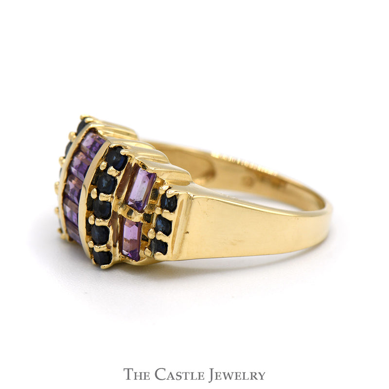 Baguette Cut Amethyst & Round Sapphire Cluster Ring in 14k Yellow Gold